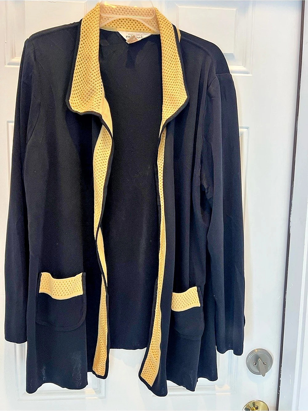 Exclusively Misook Cardigan Jacket Women's Size XL Black Ribbed Beige Trim #1015